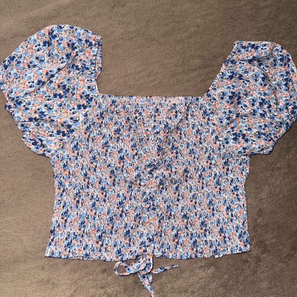 SHEIN Blue and Pink Floral Smocked Blouse